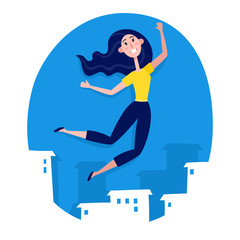 Paper style young woman jumping on blue with city view.