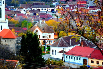 Typical rural landscape and peasant houses in Garbova, Transylvania, Romania. The settlement was...