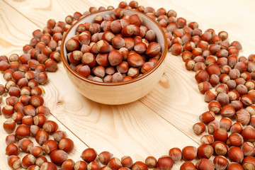 Ceramic Cup with hazelnuts on the background of wooden boards