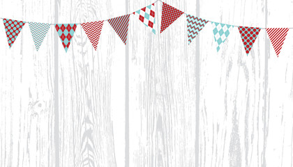 Christmas Aqua Blue and Red Bunting on Weathered White Wood Planks Vector Background. Triangle Flags Garland Backdrop with Copy Space. © Artefficient
