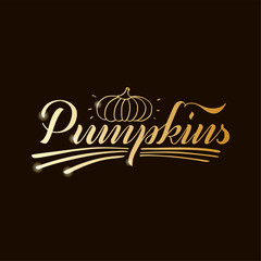 Vector illustration of pumpkins lettering for banner, flyer, poster, clothes, logo, advertisement design. Handwritten text for template, billboard, printing. Shop signage or logo made with brush pen
