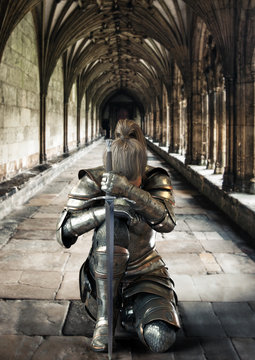 Female warrior knight kneeling proudly wearing decorative metal armor and holding a sword. 3d rendering