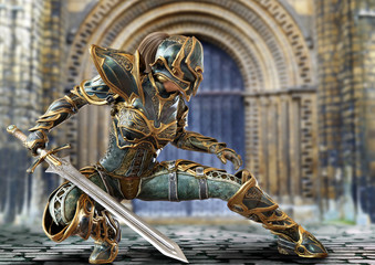Knight captain female posing with her sword in a fighters combat stance. 3d rendering