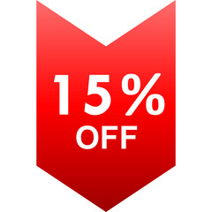 Sale - 15 percent off - red gradient tag isolated - vector