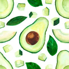 Watercolor illustration of avocado pattern set of sliced, diced and opened fruit painted with leaves