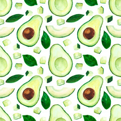 Watercolor illustration of avocado pattern set of sliced, diced and opened fruit painted with leaves