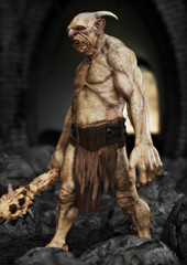 Portrait of a evil troll with spiked club, patrolling under a bridge. 3d rendering - obrazy, fototapety, plakaty