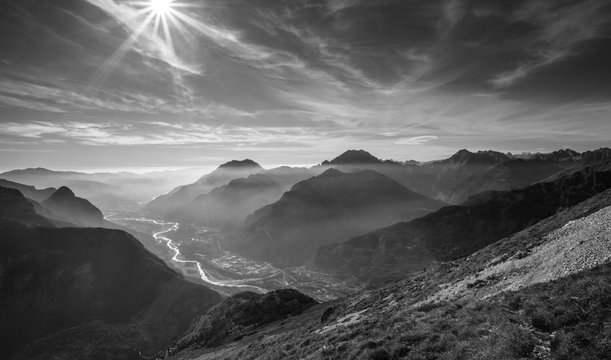 Aerial view of the Longarone valley next to the Italian Dolomites