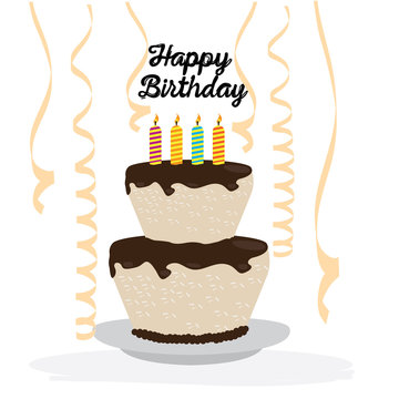 Happy birthday card with a cake and decoration - Vector illustration