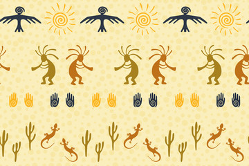 Folk, design with lizard, Kokopelli fertility deity, sun, eagle, cacti.