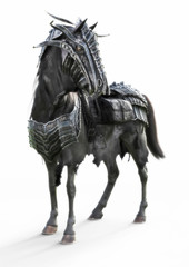Front angled view of a posing black armored war horse on a isolated white background. 3d rendering © Digital Storm