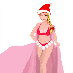 Sexy snow maiden in red swimsuit and pink pareo. Vector illustration. Beautiful girl wearing santa claus clothes on white  background. Merry Christmas.