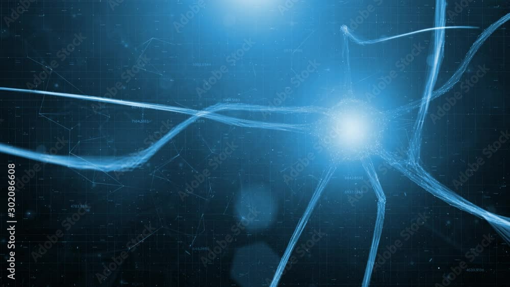 Poster conceptual artistic blue coloured neuron cell on blue abstract bokeh copy space animation background