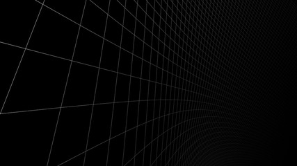 Vector perspective grid. Swirling grid. Detailed lines on black background.