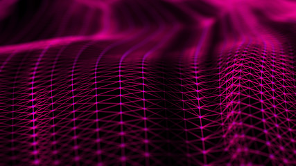 Data technology futuristic illustration. Perspective grid. Wave of bright particles. Big data visualization. Network of dots connected by lines. Abstract digital background. 3d rendering.