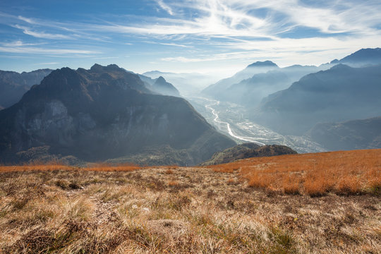 Aerial view of the Longarone valley next to the Italian Dolomites