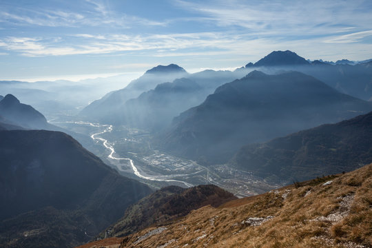 Aerial view of the Longarone valley next to the Italian Dolomites