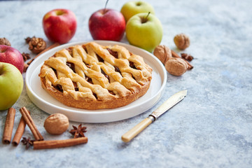Tasty sweet homemade apple pie cake with cinnamon sticks, walnuts and apples