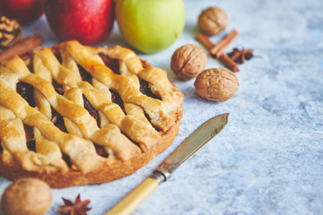 Tasty sweet homemade apple pie cake with cinnamon sticks, walnuts and apples