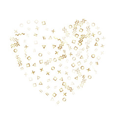 Memphis style geometric confetti vector background of triangle circle square shapes, chevron wavy lines.