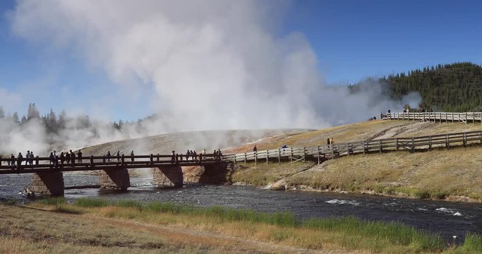 Yellowstone National Park tourist bridge to geysers. Geyser Yellowstone National Park in Wyoming, United States. Highly predictable geothermal ecosystem.  Biology geography and ecology.