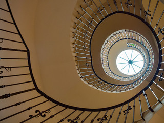 Spiral staircase and upper skylight