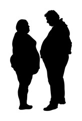 Fat man and woman is worry about health vector silhouette. Overweight person trouble, difficult moving. Big boy think about food calorie. Breathless sweaty need break. Fat couple in love on date.
