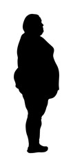 Fat woman is worry about health,  vector silhouette isolated on white background. Overweight person trouble. Big girl think about food calorie. Weight loss trouble. Losing weight health. Big belly.