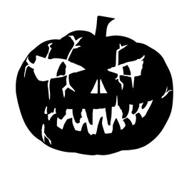 Halloween pumpkin vector silhouette isolated on white background. Scary face laughing. Happy Jack O Lantern. Grinning smile Halloween pumpkin face emotion. Spooky head squash with devil smile.