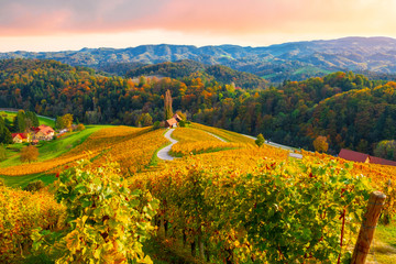 Famous heart-shaped wine route in beautiful autumn colors, wonderful vineyards near Maribor, close...