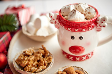 Delicious homemade christmas hot chocolate or cocoa with marshmellows