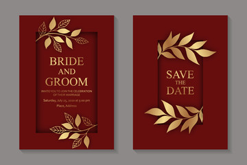 Modern luxury card templates for wedding invitation or business or presentation or greeting with golden autumn leaves prints on a red background.