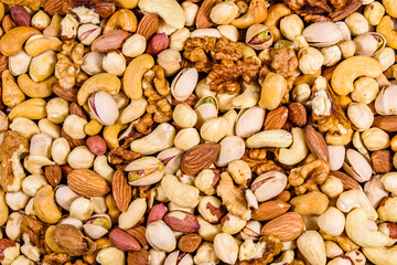 Background of the various nuts (almond, cashew, hazelnut, pistachio, walnut). Vegetarian meal. Healthy eating concept