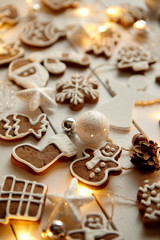Christmas sweets composition. Gingerbread cookies with xmas decorations