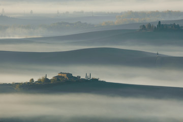 Fototapeta na wymiar Tuscan landscape at sunrise under the fog