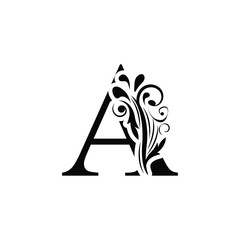 letter A. Black flower alphabet.  Beautiful capital letters with shadow