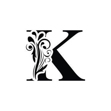 letter K. Black flower alphabet.  Beautiful capital letters with shadow