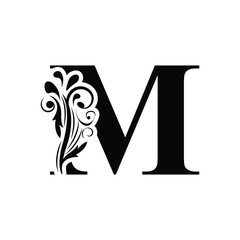 letter M. Black flower alphabet.  Beautiful capital letters with shadow