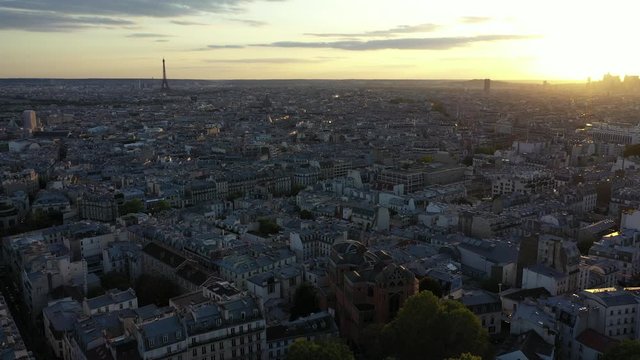 Aerial cityscape of Paris France during sunset.