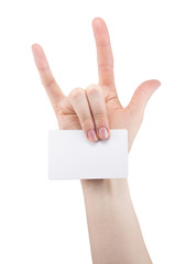 hand with rock and roll sign holding blank for card, Bank card, isolated on white background, copy space, mock up