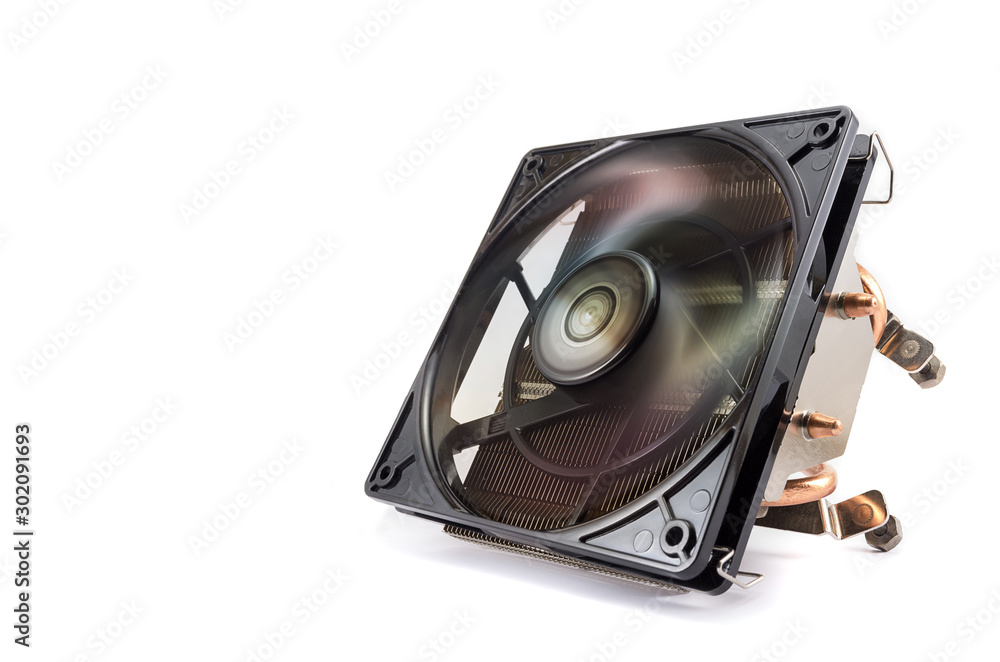 Poster computer cpu cooling system. fan and radiator isolated on white background