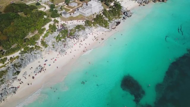 Tulum ruins in the Yucatan in Mexico - a popular destination for tourists. Overlooking the Caribbean Sea in the Riviera Maya. Aerial View