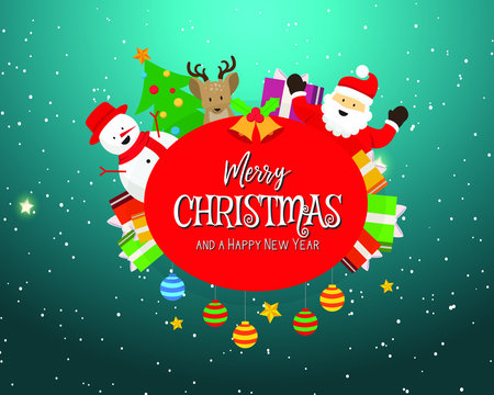 Christmas greeting card with the image of Santa Claus and cute characters. Vector illustration background.