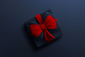 New year christmas black gift box with red ribbon and bow - top view vector 3d illustration. Valentine's day present box on black background. Good for seasonal advertising poster banner flyer design.