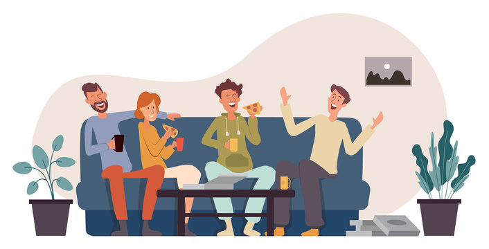  Сompany of four friends sits on the couch eating pizza, having fun, talking and laughing . Cartoon character design. Flat vector illustration 