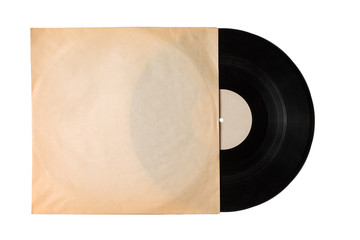 vintage old music record in old package, vinyl record with pure label isolated on white background,...