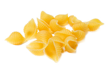 pasta unprepared raw conchiglie rigate shells of durum wheat handmade isolated on white background