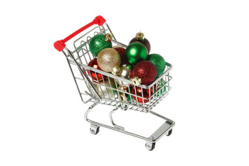 Shopping cart filled with Christmas baubles