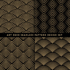 Art deco style seamless pattern design set - golden line repeat patterns on black background