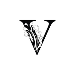 letter V. Black flower alphabet.  Beautiful capital letters.